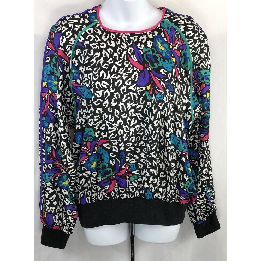 Vintage Leslie fay silky top M colorful leopard banded waist long sleeve 90s